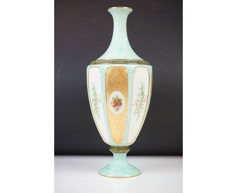 Early 20th Century Royal Worcester pedestal vase with painted enamel panels depicting fruit and foliage, alternating gilt pan