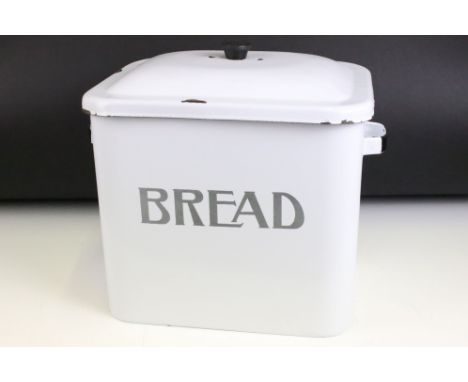 White enamel bread bin &amp; cover, twin handles. Measures approx 31cm H x 34cm W 