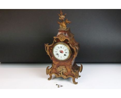 19th Century French Red Tortoiseshell Boulle Mantle Clock, of typical form, with gilt metal scrolling mounts, the white ename