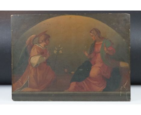 Oil Painting on Panel, Religious Scene of a Woman being visited by an Angel, 29cm x 40cm 