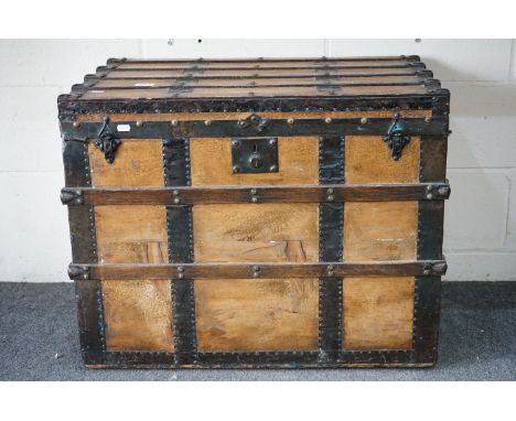 Victorian Pine and Iron Bound Travelling Trunk of rectangular form, 76cm long x 48cm deep x 61cm high 