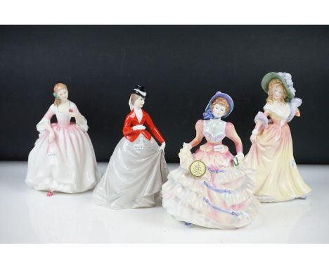 3 Royal Doulton figures - HN3303 Tender Moments, HN3360 Katie, HN3369 Hannah; with a Royal Worcester figure Equestrienne. 