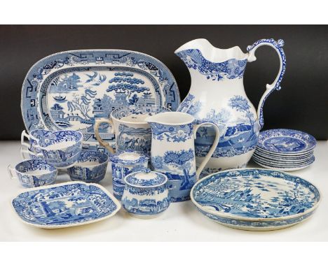 Spode &amp; Copeland Spode Italian Pattern - Five teacups, 9 saucers, water jug, large jug vase (approx 31cm high), sugar bow