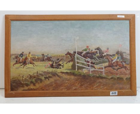 19th century English School, Oil Painting on Panel of a Faller at a Steeplechase, 37cm x 64cm, framed 