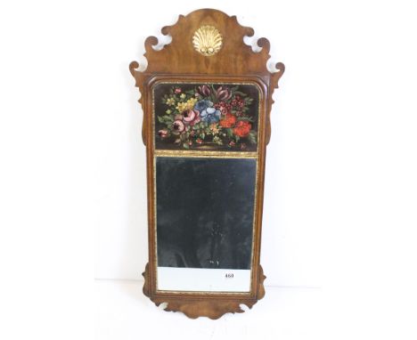 Edwardian Mahogany and Parcel Gilt Fretwork Carved Wall Mirror with a panel painted with still life flowers in a vase, 93cm x