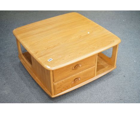 Ercol Pale Elm ' Pandora's Box ' Square Coffee Table with under-shelf and two drawers, raised on castors, 80cm wide x 40cm hi