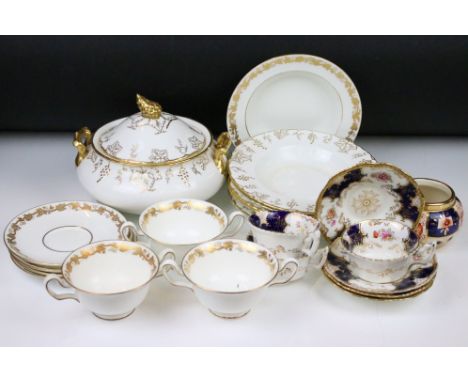 Royal Crown Derby 'Vine' pattern gilt dinnerware (tureen &amp; cover, 8 dinner plates, 9 side plates, 10 breakfast/lunch plat