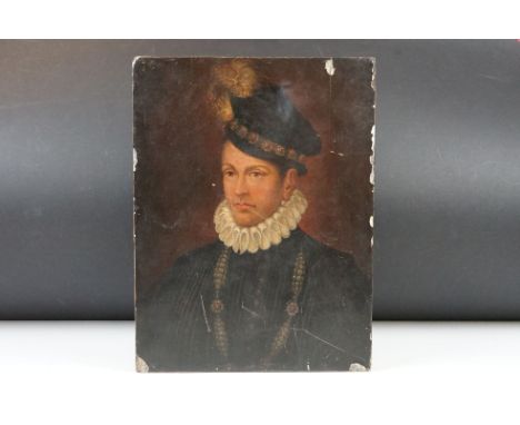 Oil Painting Portrait on Panel of an Elizabethan Man dressed in a hat and ruffle, 34cm x 25cm 