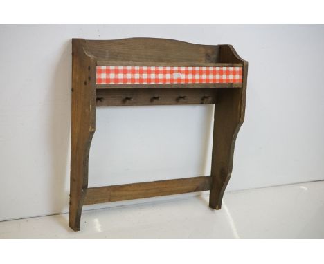 Wooden Hanging Shelf and Rack with five peg hooks, 42cm wide x 46cm high 