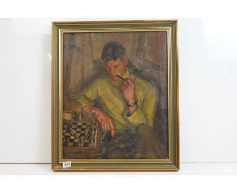 20th century oil on canvas of a portrait of a seated man with pipe, participating in a game of chess, 59cm x 50cm 