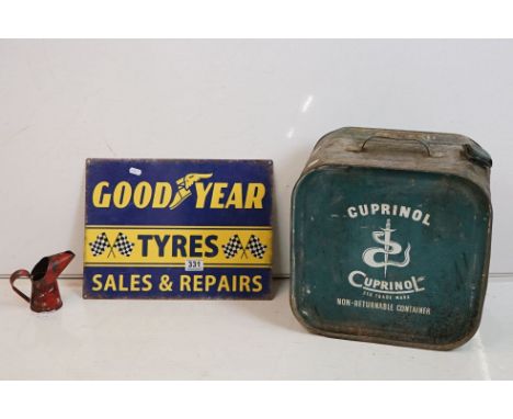 A Goodyear tyres sales and repairs enamel sign together with a Cuprinol metal container and a Havoline motor oil can 