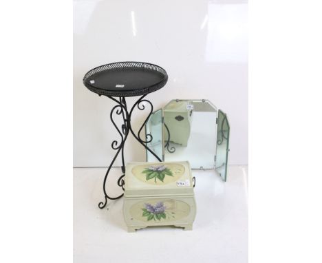 Floral Painted Wooden Casket, 36cm wide x 30cm high together with a Metal Circular Conservatory Table and a Triptych Dressing