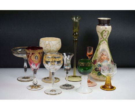 19th century onwards mixed glassware, 10 pieces, to include a Bohemian cranberry flash wine glass (17.5cm high), 19th century