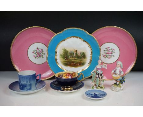 Mixed ceramics - An Aynsley Orchard Gold cobalt blue teacup &amp; saucer; 19th century cabinet plate with central hand painte