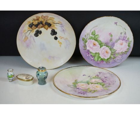 Three Barbara Andrée hand painted sandwich &amp; cake plates, two decorated with roses, signed (largest approx 28cm diameter)