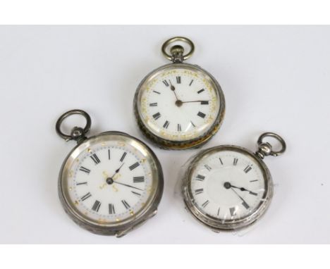 A collection of three silver cased ladies fob watches, two with enamel decoration to the dial. 