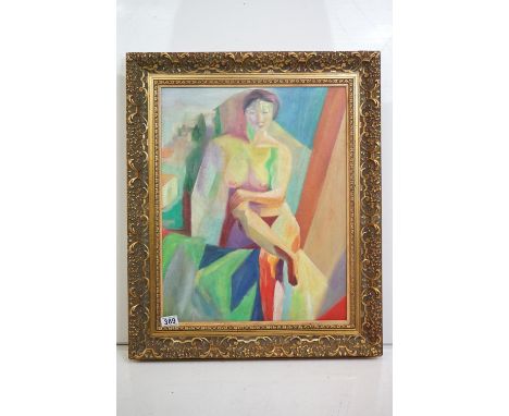 Framed modernist oil painting of a nude female in a studio posing, 52.5cm x 42cm 