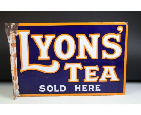 Advertising - ' Lyons' Tea Sold Here ' double-sided wall mounted enamel sign. Measures approx 46cm W x 30.5cm H 