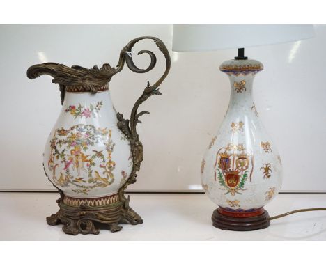 Victorian style Wong Lee brass and ceramic jug of baluster form, with classical decoration of putti, flora &amp; fauna (appro