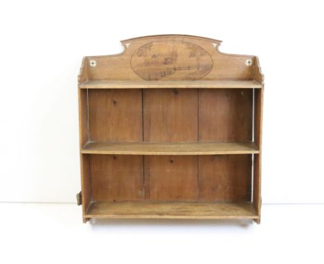 Late 19th / Early 20th century Oak Hanging Three Tier Shelf with hand painted farmstead design to top and side panels, 69cm w