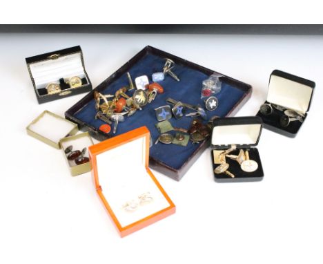 A collection of mixed cufflinks to include hallmarked silver examples together with tie clip and tie pin. 