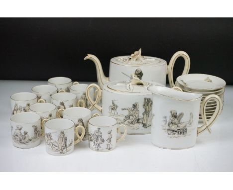 French porcelain part tea / coffee set, decorated with scenes of figures &amp; camels in the desert, to include teapot &amp; 