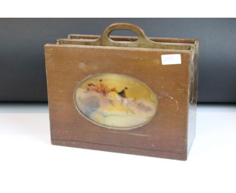 Early-to-Mid 20th century wooden twin-compartment magazine rack, with reverse painted hunting scenes on glass. Measures appro