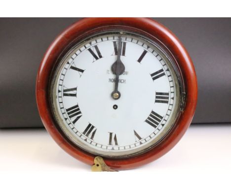 19th century mahogany station-style wall clock, the enamel dial inscribed 'R. Burrow Norwich', fusee movement, with key. Maas