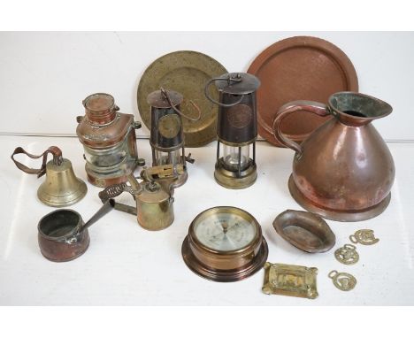 A collection of mixed metalware to include a ship lamp, miners lamps, copper jug, barometer, bell, gas burner.....etc. 