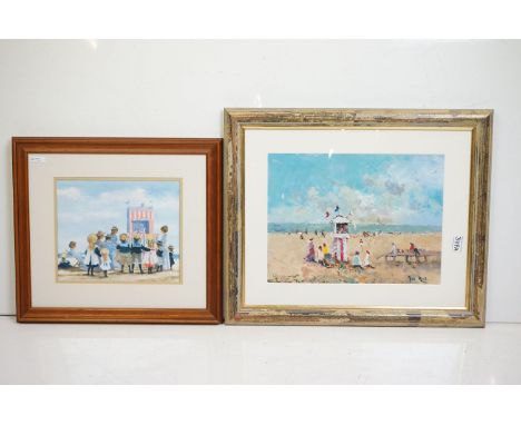 Punch and Judy show beach scene, oil on board, indistinctly signed lower right, 29 x 39cm, framed and glazed together with Ja