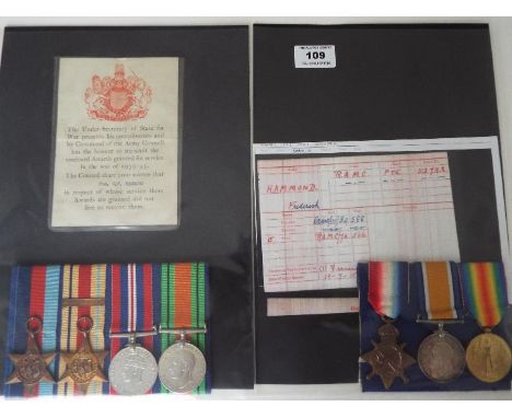 World War One (WW1) and World War Two (WW2) campaign medals -  WW1: 53793 Pte F Hammond R.A.M.C., 1914-15 Star, War medal and