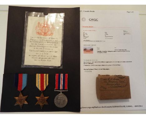 World War Two (WW2) campaign medals - 7625767 Private Norman Ernest Crane, 1939-1945 Star, Africa Star and War medal, killed 