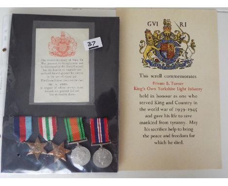 World War Two (WW2) campaign medals - Pte Bernard Turner, 1939-1945 Star, Italy Star, Defence medal and War medall, served Ki