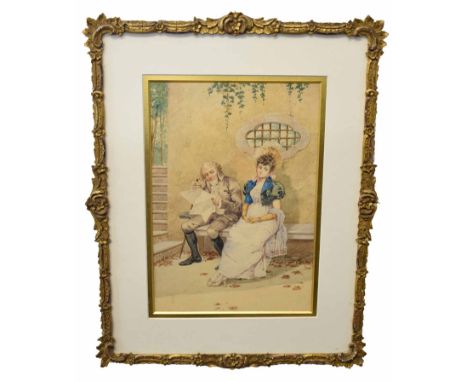 19th century watercolour, indistinctly monogrammed lower left, Couple seated on a bench, 30 x 20cm 