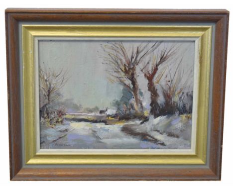 R Ronaldson, signed oil on board, Suffolk landscape in winter, 14 x 19cm  