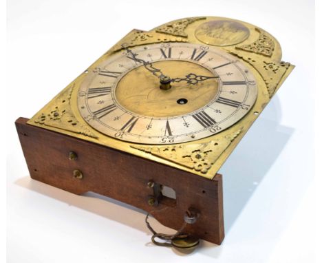 Composite longcase clock timepiece movement, the 31.5cm arched brass dial signed to the arch and with pierced and applied spa