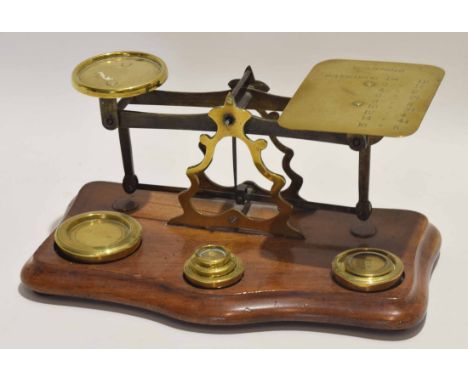 Set of late 19th/early 20th century mahogany based postal scales, together with weights, 24cm long
