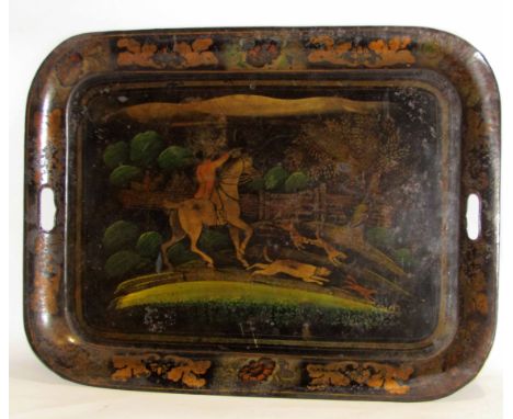 19th century Toleware tray of rectangular form with integral handles, gilt highlighted and painted border and field depicting