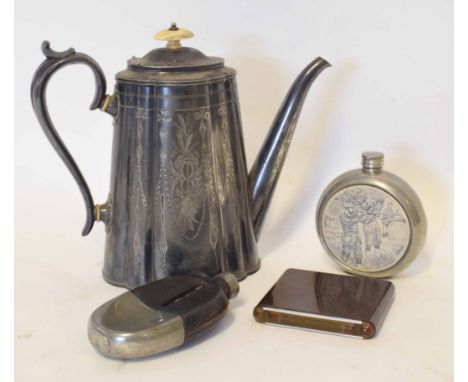 Group comprising a Victorian EPBM coffee pot, glass pewter and leather clad spirit flask, modern pewter spirit flask engraved