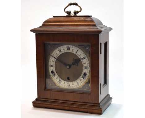 Mid-20th century triple spring driven mantel clock, Elliott - London, the case with overhanging cornice and caddy top with ca