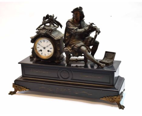 Late 19th century French patinated spelter and black marble mantel clock, the plinth shaped case surmounted by a shaped case 