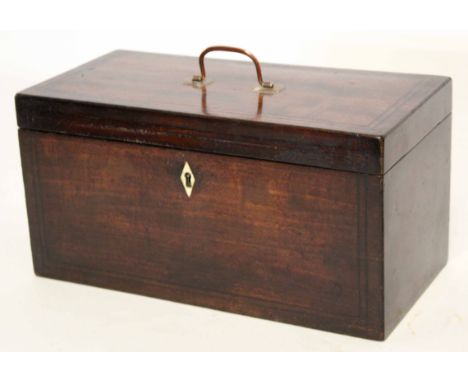 Mid to late 19th century mahogany tea caddy with copper carrying handle and fitted interior, 31cm wide 