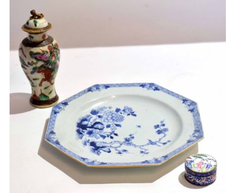 18th century Chinese porcelain octagonal dish with a blue and white design, together with a crackle ware Chinese porcelain va