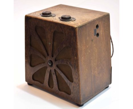 Early 20th century oak cased radio, KB, No 253, the chamfered rectangular case set to the top with two Bakelite controllers o