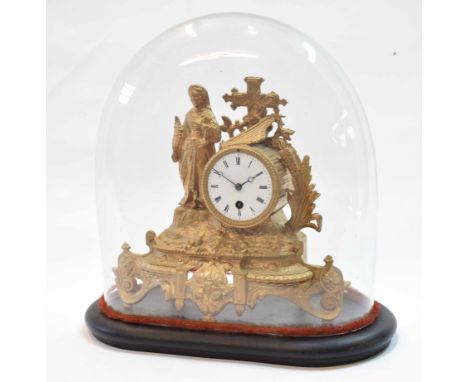 Late 19th century gilt spelter mantel timepiece, the drum case flanked by classical female figure surmounted by a cross and h