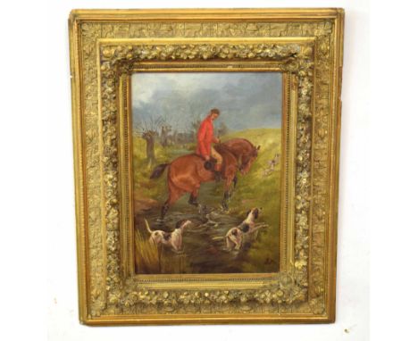 J Tomkin, initialled oil on canvas, Hunting scene, 39 x 28cm 