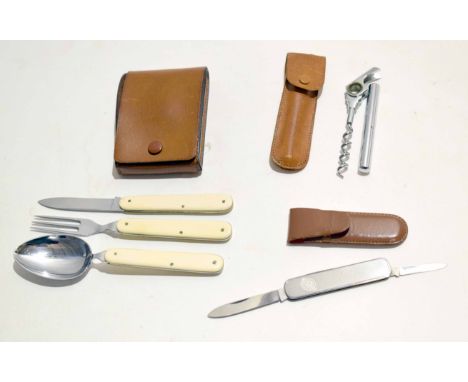 **Mixed Lot: comprising a leather cased picnic folding knife, fork and spoon set in a stitched leather case, further leather 