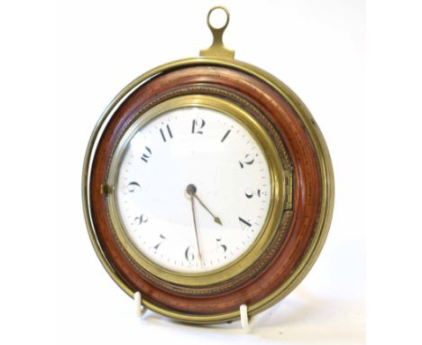 Early 19th century and later brass bound mahogany and boxwood line inlaid sedan timepiece, the circular case with urn shaped 