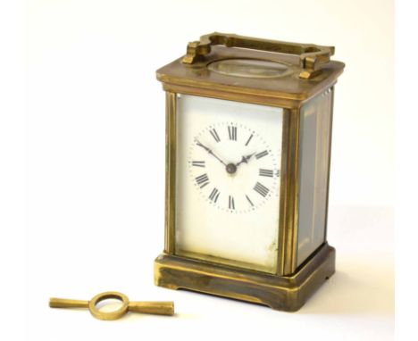 Early 20th century French lacquered brass carriage timepiece with silvered lever platform escapement to a Roman enamel dial (