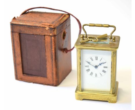 Early 20th century French lacquered brass carriage timepiece, lacquered brass case with silvered lever platform escapement to